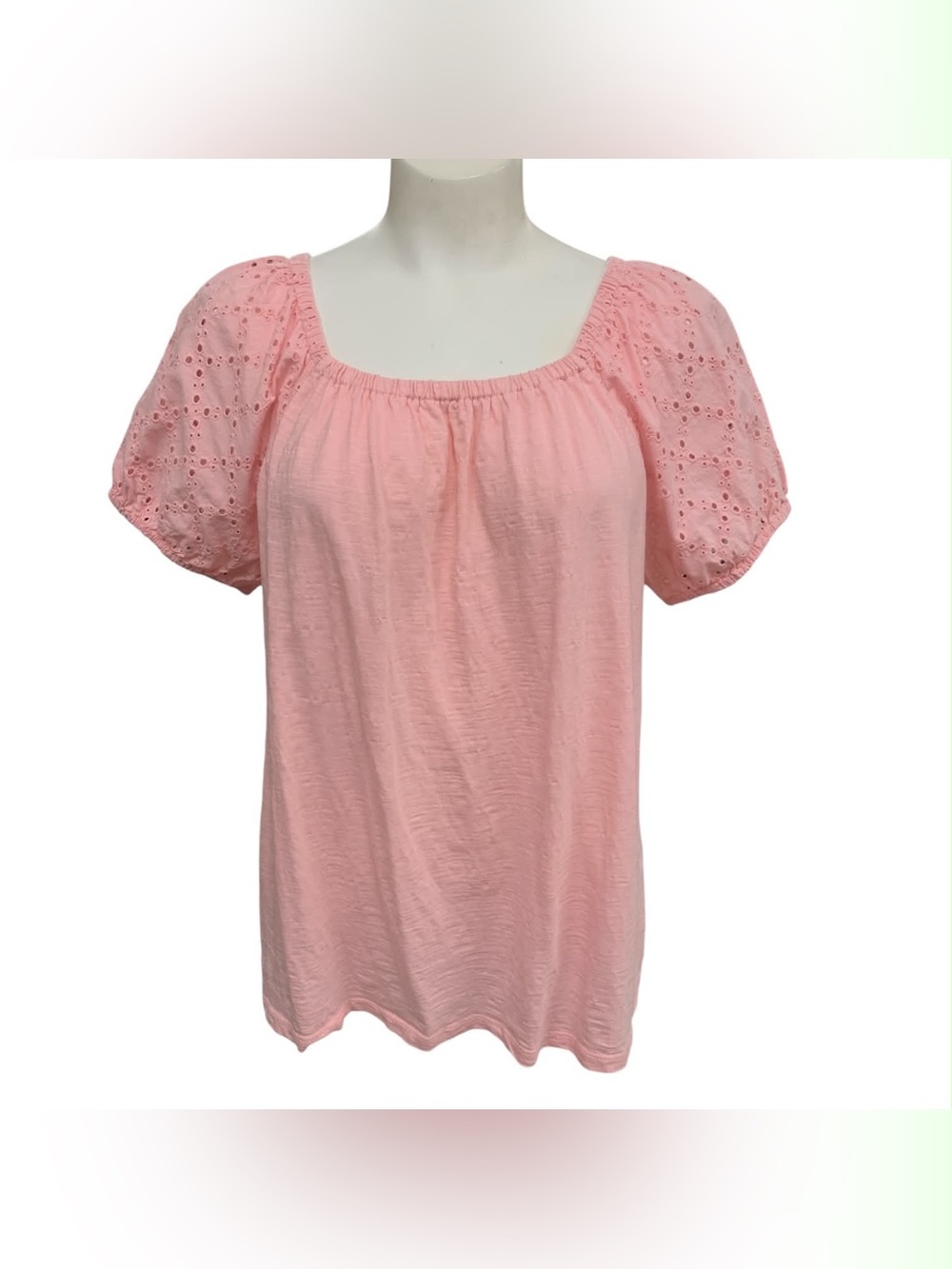 Style & Co. Pink Eyelet Puff Sleeve Peasant Blouse Size L